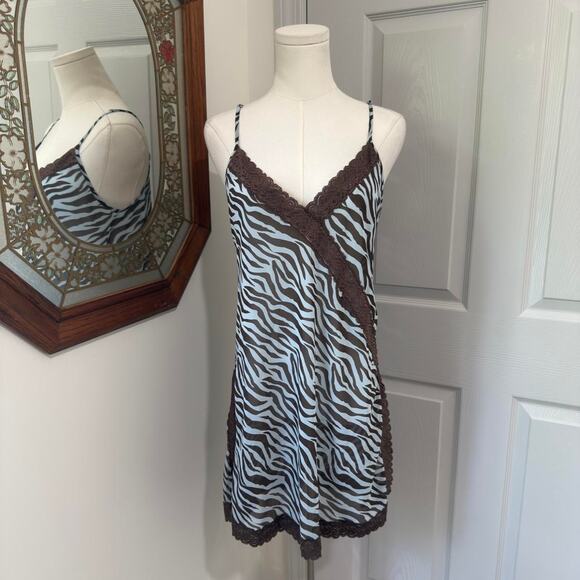 NWT VTG Y2K Mystique Intimates Blue & Brown Sheer Zebra Print Lace Trim Slip L - Picture 1 of 7